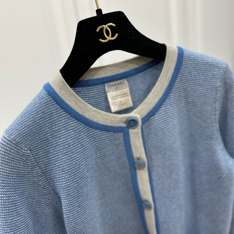 CHANEL 香奈兒 藍色 條紋 長袖 圓領 針織外套 針織毛衣 針織衫 小外套 罩衫-1