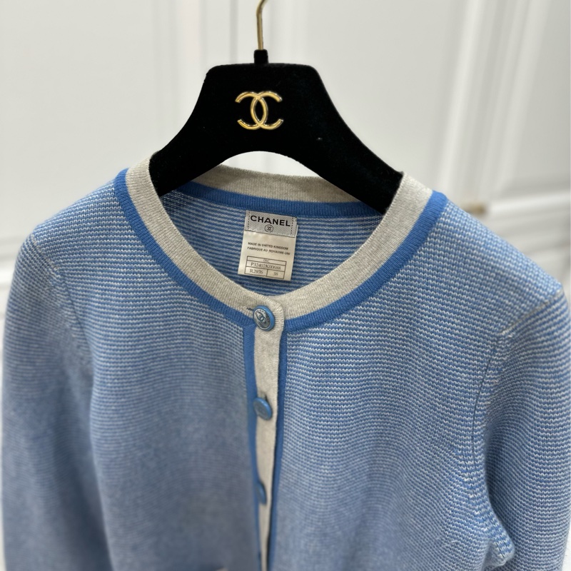 CHANEL 香奈兒 藍色 條紋 長袖 圓領 針織外套 針織毛衣 針織衫 小外套 罩衫-2