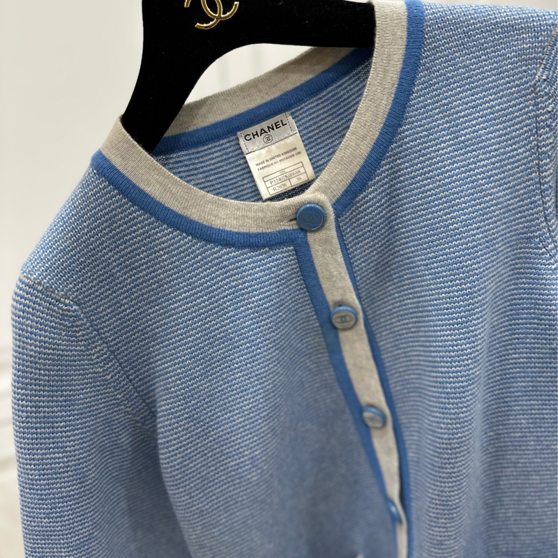 CHANEL 香奈兒 藍色 條紋 長袖 圓領 針織外套 針織毛衣 針織衫 小外套 罩衫-3