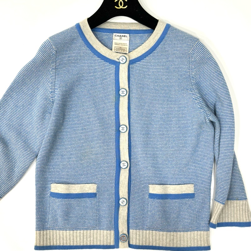 CHANEL 香奈兒 藍色 條紋 長袖 圓領 針織外套 針織毛衣 針織衫 小外套 罩衫-5
