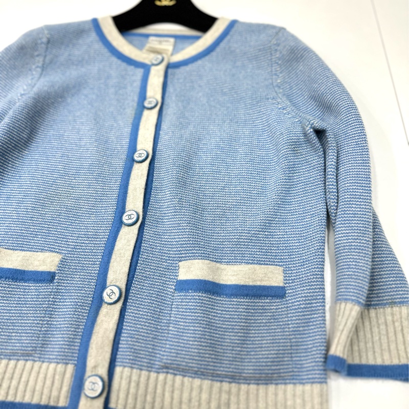 CHANEL 香奈兒 藍色 條紋 長袖 圓領 針織外套 針織毛衣 針織衫 小外套 罩衫-6