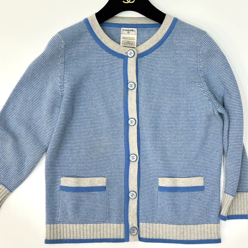 CHANEL 香奈兒 藍色 條紋 長袖 圓領 針織外套 針織毛衣 針織衫 小外套 罩衫-7