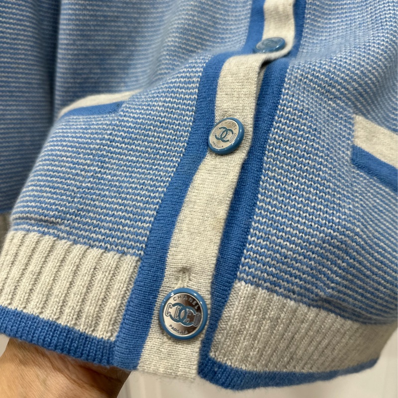 CHANEL 香奈兒 藍色 條紋 長袖 圓領 針織外套 針織毛衣 針織衫 小外套 罩衫-11