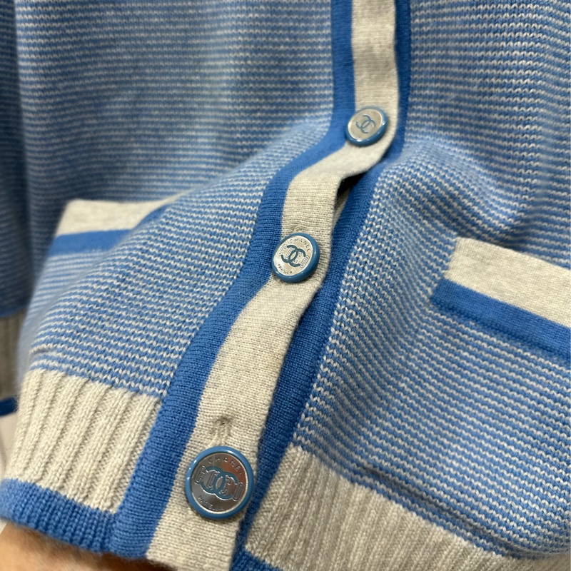 CHANEL 香奈兒 藍色 條紋 長袖 圓領 針織外套 針織毛衣 針織衫 小外套 罩衫-12