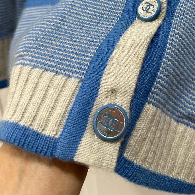 CHANEL 香奈兒 藍色 條紋 長袖 圓領 針織外套 針織毛衣 針織衫 小外套 罩衫-17