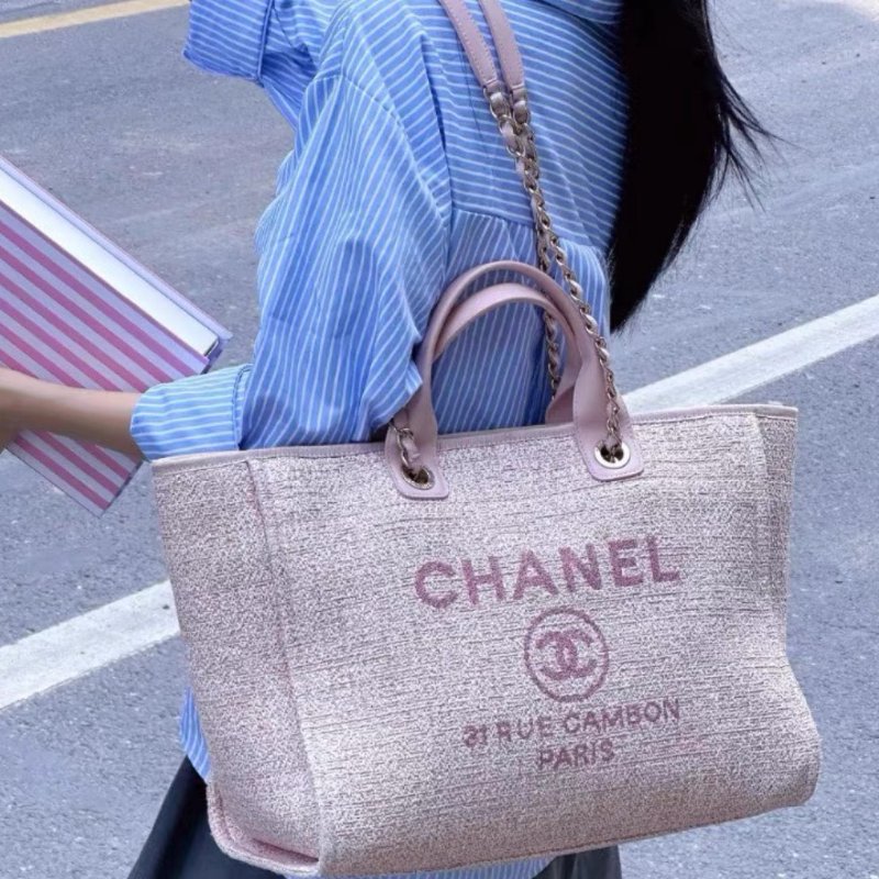 chanel 粉色編織沙灘包tote包41*26*17 99新配件保卡購證塵袋-0