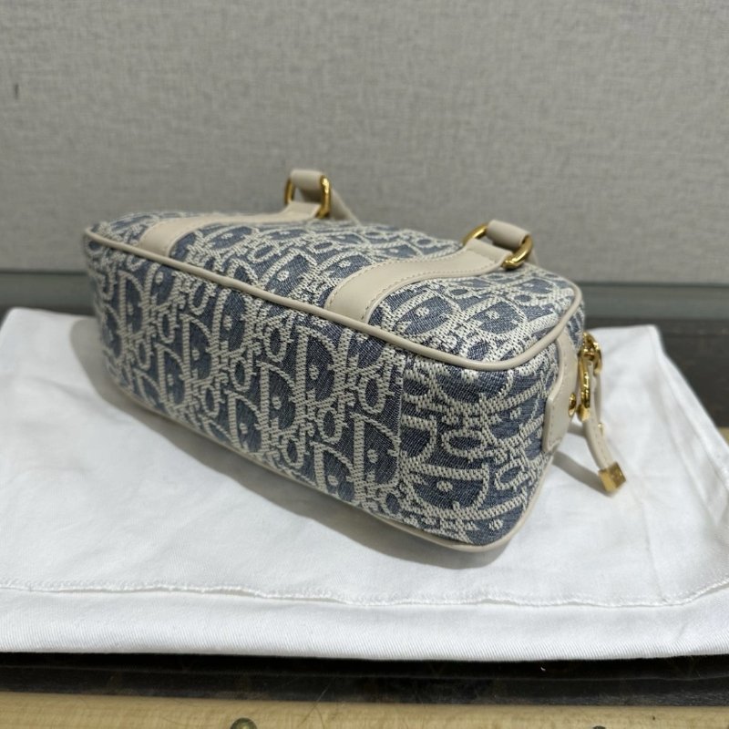 DIOR D-Vibe mini藍色拼米白手提肩背斜背保齡球包 20.5*12*7 99新配件塵袋-2