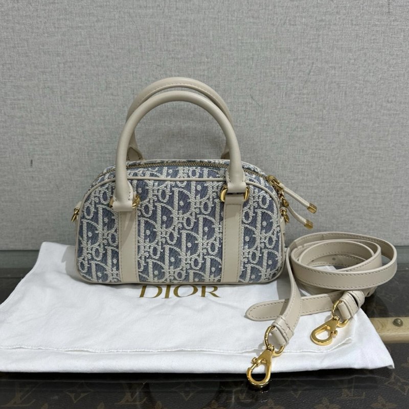 DIOR D-Vibe mini藍色拼米白手提肩背斜背保齡球包 20.5*12*7 99新配件塵袋-0