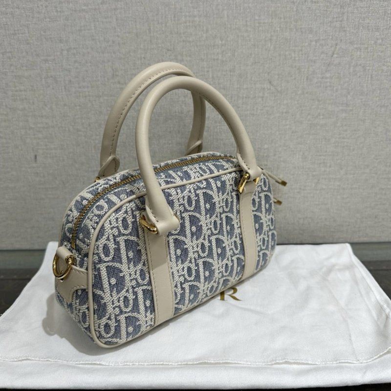 DIOR D-Vibe mini藍色拼米白手提肩背斜背保齡球包 20.5*12*7 99新配件塵袋-1