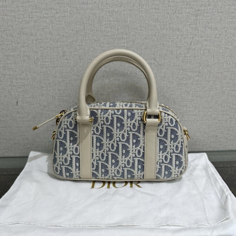 DIOR D-Vibe mini藍色拼米白手提肩背斜背保齡球包 20.5*12*7 99新配件塵袋-5