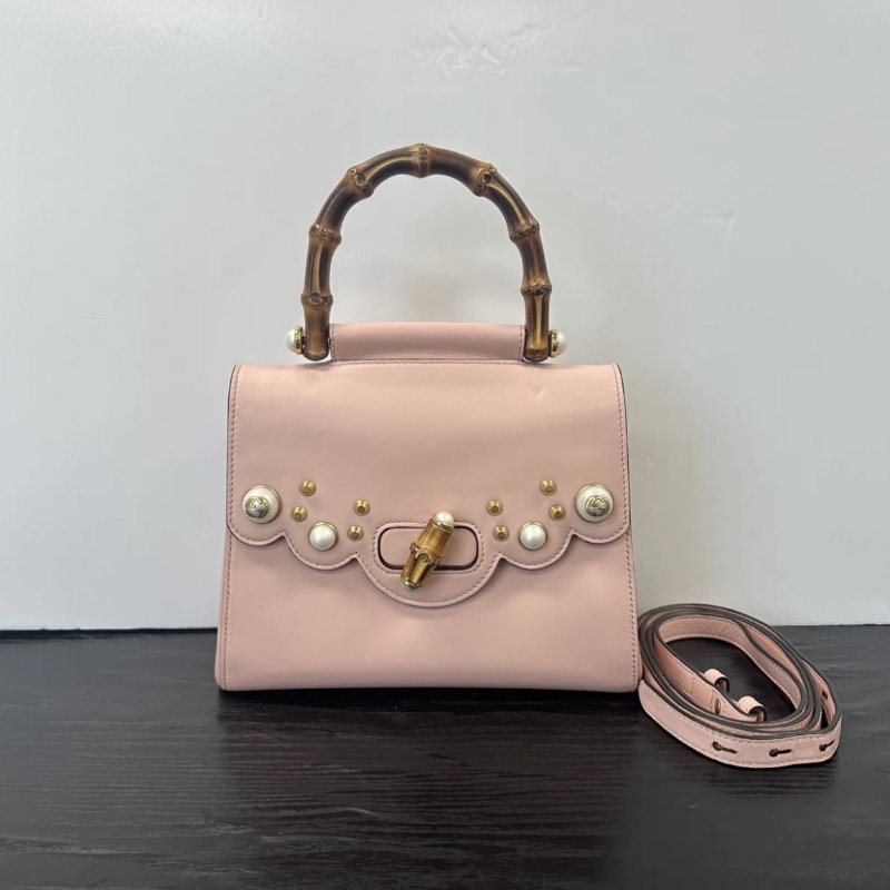 GUCCI 竹節手柄珍珠粉色手提斜背包 22*18*8 98新配件塵袋-0