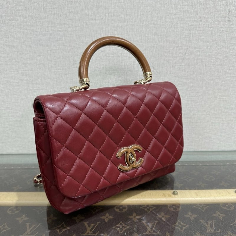 CHANEL 酒紅色木紋手柄方胖子手提包 22*7*15 99新配件塵袋-1