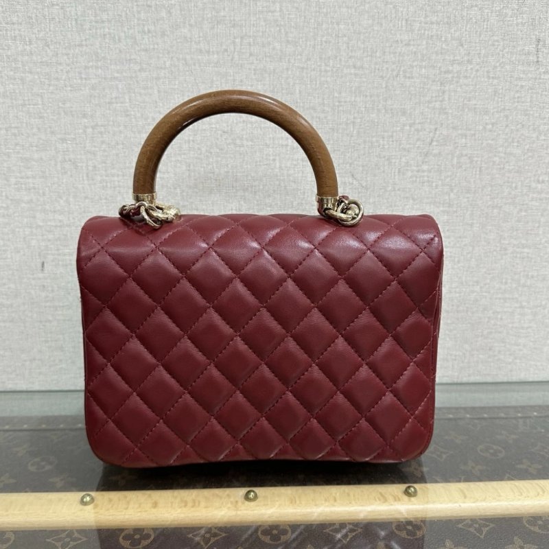 CHANEL 酒紅色木紋手柄方胖子手提包 22*7*15 99新配件塵袋-5