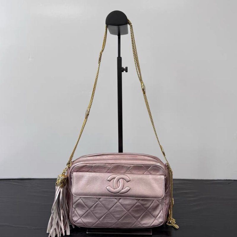 CHANEL 中古粉金流蘇雕花鏈條相機肩背斜背包 18*11*6 98新配件塵袋-0