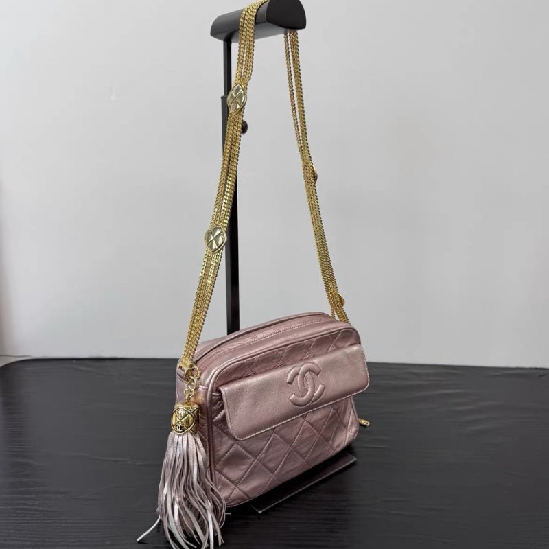 CHANEL 中古粉金流蘇雕花鏈條相機肩背斜背包 18*11*6 98新配件塵袋-1