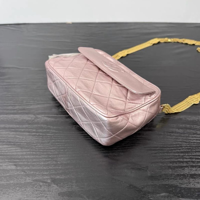 CHANEL 中古粉金流蘇雕花鏈條相機肩背斜背包 18*11*6 98新配件塵袋-2