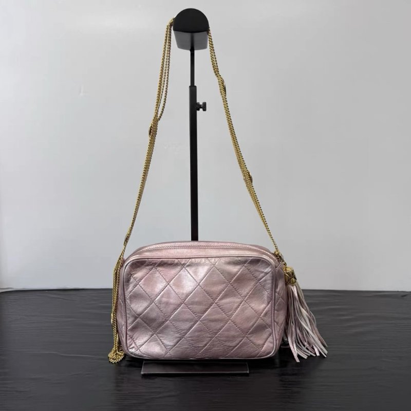 CHANEL 中古粉金流蘇雕花鏈條相機肩背斜背包 18*11*6 98新配件塵袋-5