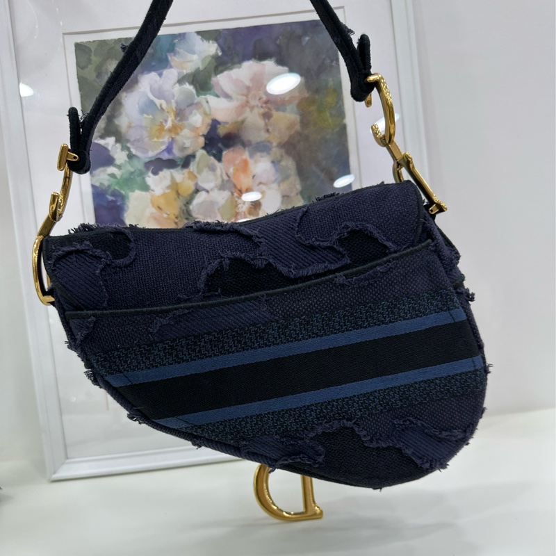 Dior 迪奧 馬鞍包 中號 藍色牛仔拼接刺繡帆布金扣手提包腋下包 底長25.5cm 19年編碼-2