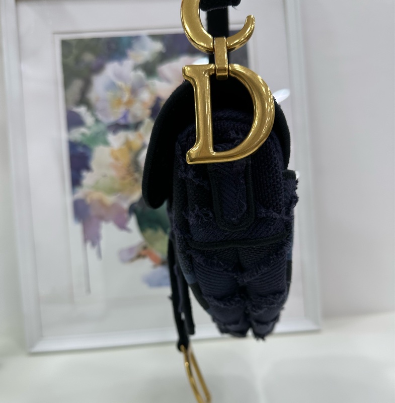 Dior 迪奧 馬鞍包 中號 藍色牛仔拼接刺繡帆布金扣手提包腋下包 底長25.5cm 19年編碼-3