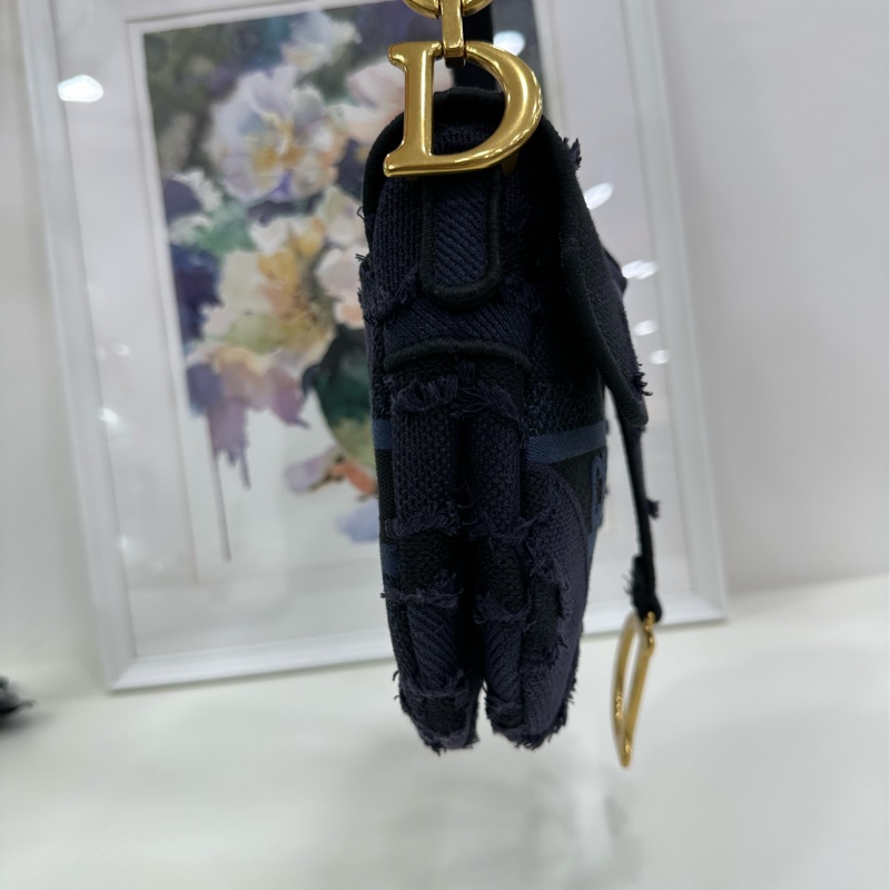 Dior 迪奧 馬鞍包 中號 藍色牛仔拼接刺繡帆布金扣手提包腋下包 底長25.5cm 19年編碼-4