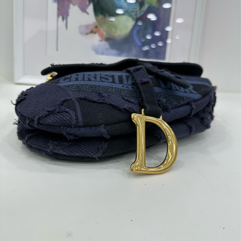 Dior 迪奧 馬鞍包 中號 藍色牛仔拼接刺繡帆布金扣手提包腋下包 底長25.5cm 19年編碼-5