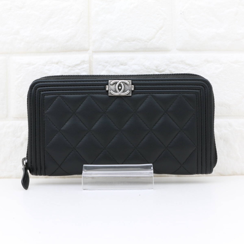 真品 CHANEL Boy Chanel 菱格紋 CoCo Mark 黑色小羊皮拉鍊長夾 全套-6