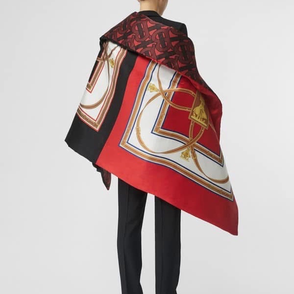 BURBERRY英國黑標典藏圍巾印花絲緞寬鬆披肩/緋紅-4