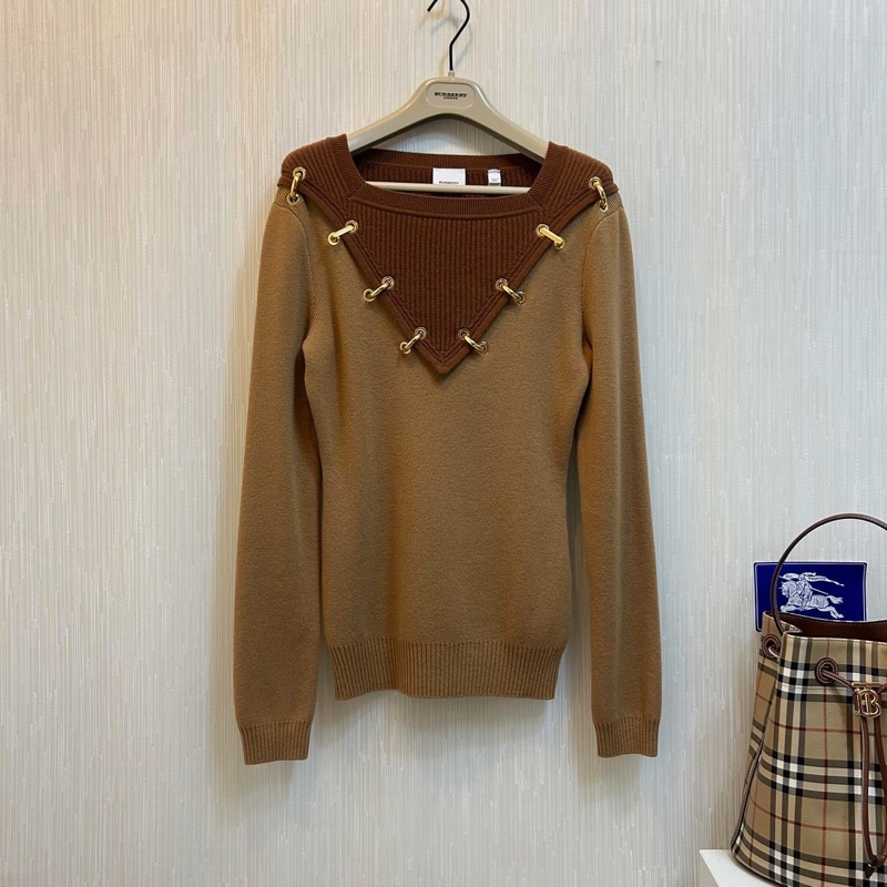 BURBERRY英國黑標金屬環裝飾雙色羊毛針織衫/暖駝色-3