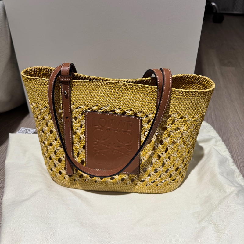 LOEWE羅威蜂巢紋棕櫚纖維方形織籃 藤編包 籐包 草編包-0