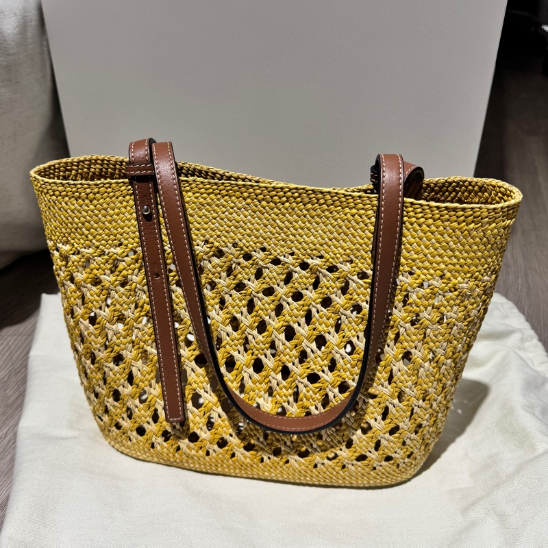 LOEWE羅威蜂巢紋棕櫚纖維方形織籃 藤編包 籐包 草編包-1