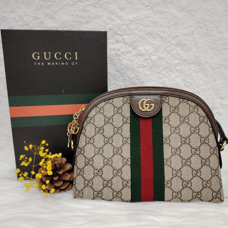 GUCCI Ophidia 鳥木色拼多色 老花 塗層帆布拼牛皮 貝殼包-0