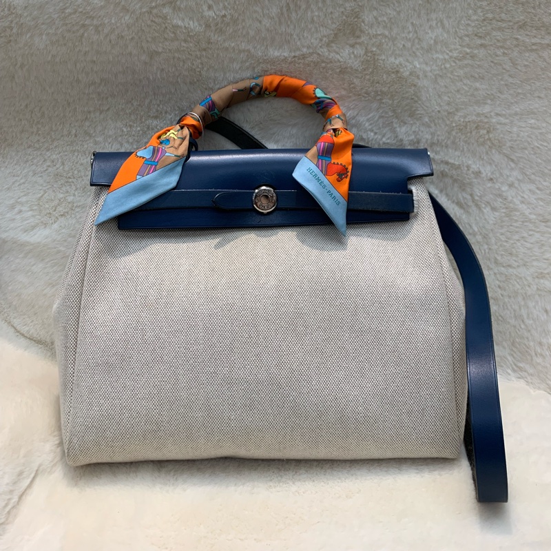 HERMES HER BAG 藍色皮拼布 XB663-0