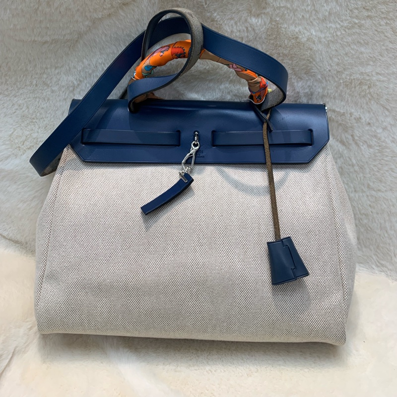 HERMES HER BAG 藍色皮拼布 XB663-1