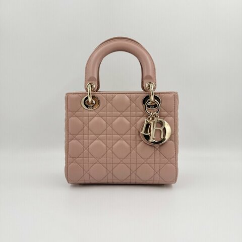 DIOR 芍藥粉金釦羊皮菱格黛妃包-小號