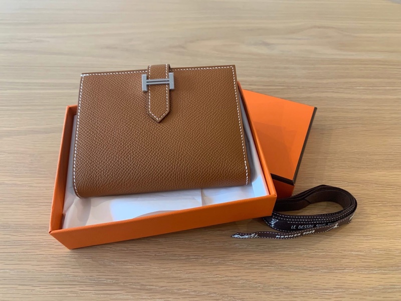 HERMES 愛馬仕 經典Bearn系列Madame 牛皮銀色H穿式 對折 短夾 金棕/銀扣/K刻/全新全配-2