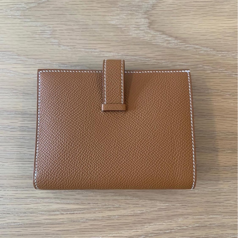 HERMES 愛馬仕 經典Bearn系列Madame 牛皮銀色H穿式 對折 短夾 金棕/銀扣/K刻/全新全配-4