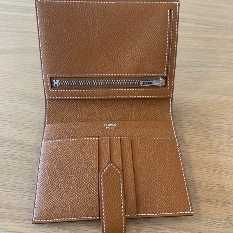 HERMES 愛馬仕 經典Bearn系列Madame 牛皮銀色H穿式 對折 短夾 金棕/銀扣/K刻/全新全配-5