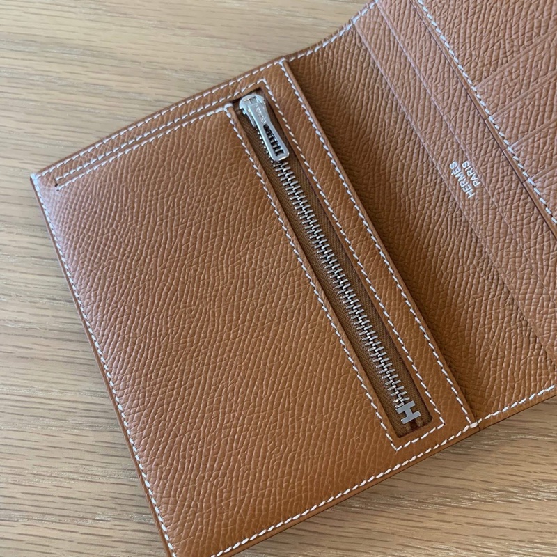 HERMES 愛馬仕 經典Bearn系列Madame 牛皮銀色H穿式 對折 短夾 金棕/銀扣/K刻/全新全配-6