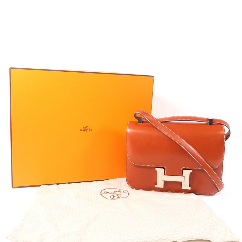 HERMES Box Calf皮革Constance 24銀扣肩背袋Brique-9