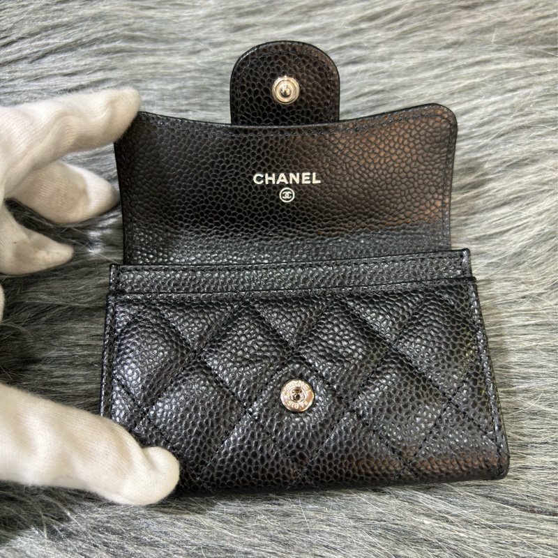CHANEL AP0214 COCO 黑色荔枝皮銀釦 釦式 零錢包信用卡夾名片夾短夾皮夾-13