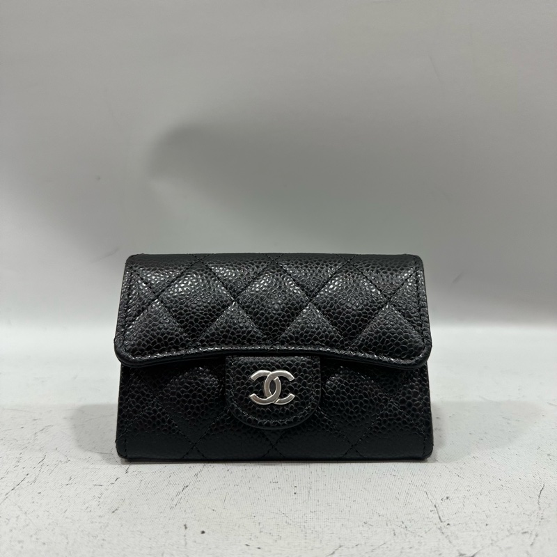 chanel Ap0214 黑荔枝皮銀釦CF 零錢包 信用卡包-0