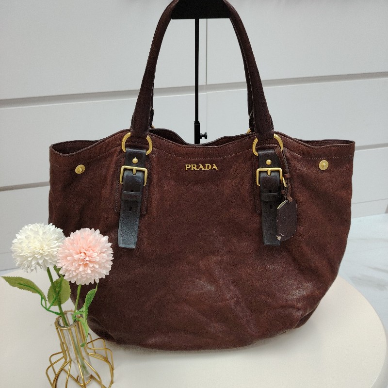 Prada 普拉達 中古做舊 牛皮托特包 棕色金標-0