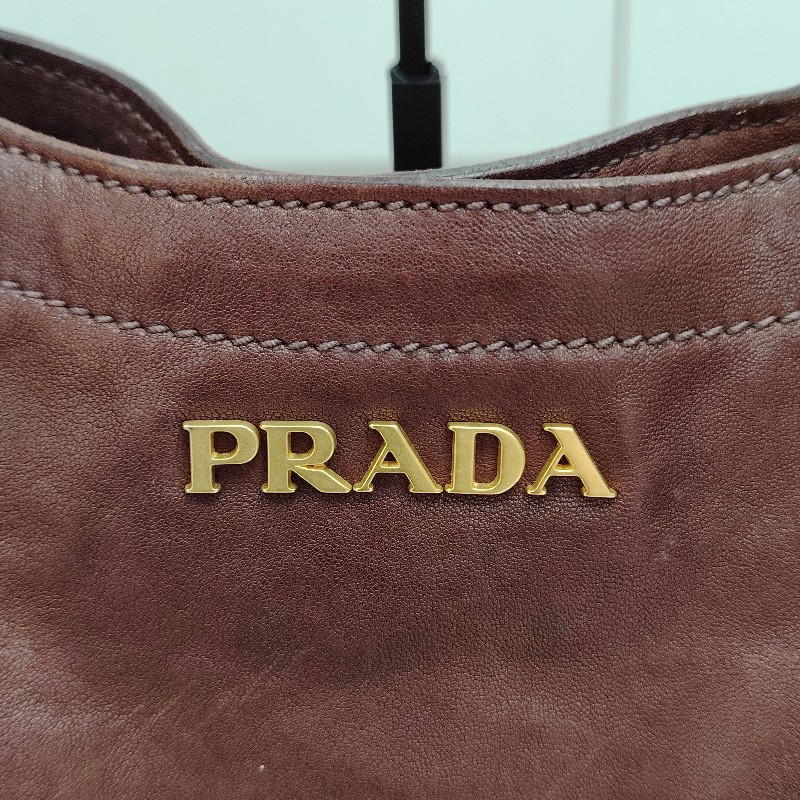 Prada 普拉達 中古做舊 牛皮托特包 棕色金標-2