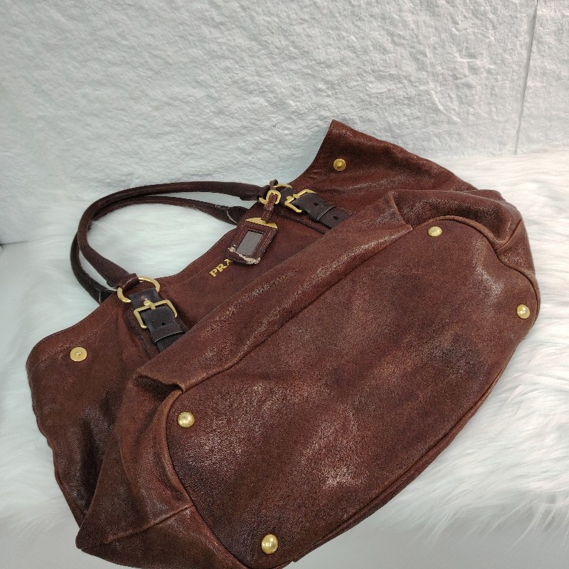 Prada 普拉達 中古做舊 牛皮托特包 棕色金標-4