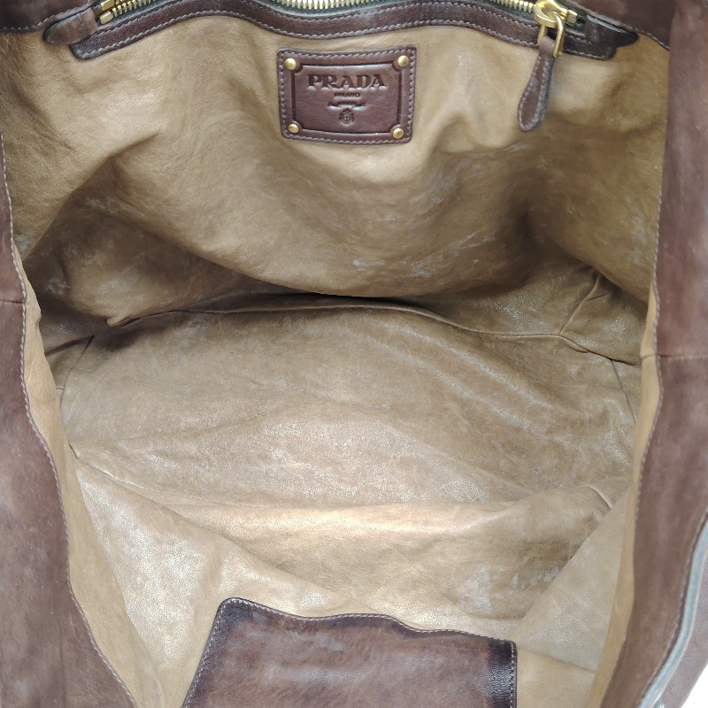 Prada 普拉達 中古做舊 牛皮托特包 棕色金標-5