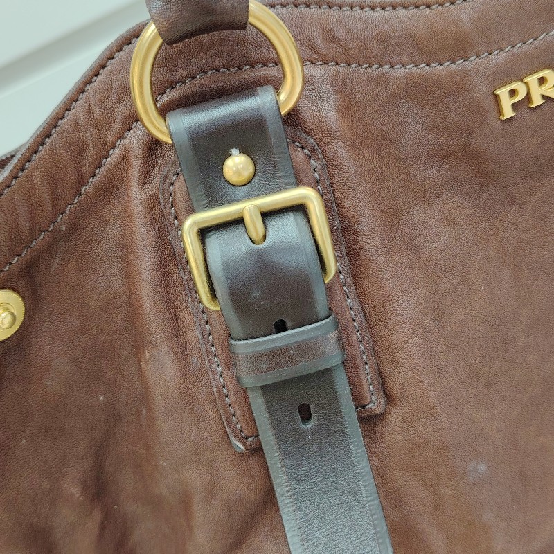 Prada 普拉達 中古做舊 牛皮托特包 棕色金標-8