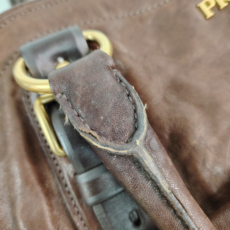 Prada 普拉達 中古做舊 牛皮托特包 棕色金標-14