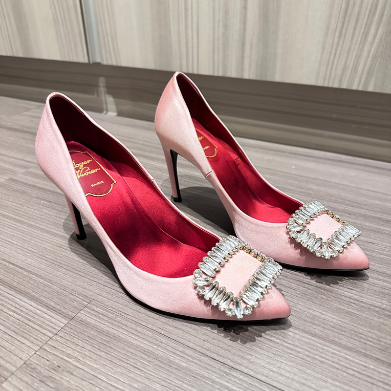Roger Vivier 超閃方鑽扣粉色緞面高跟鞋-0