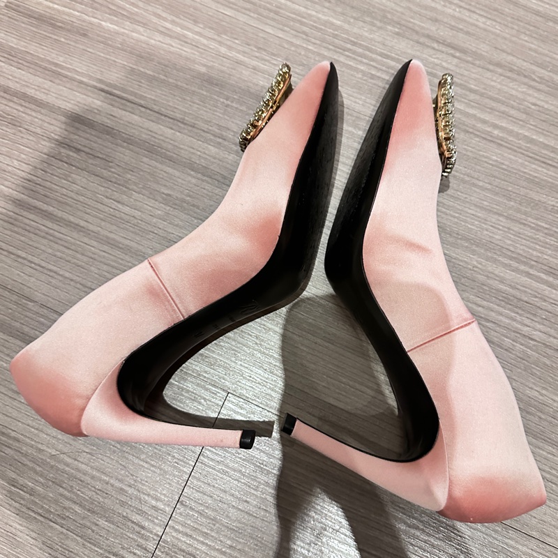 Roger Vivier 超閃方鑽扣粉色緞面高跟鞋-5