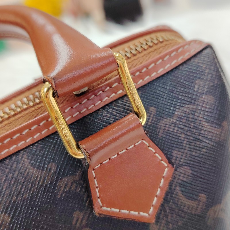 Celine 波士頓 黃褐色 老花 塗層帆布拼牛皮 小號-9